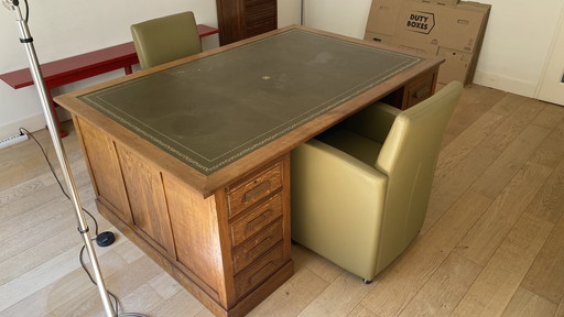 Beautiful nostalgic wooden desk, partner desk type with green leather top