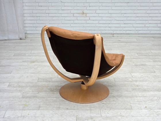 Image 1 of Scandinavische draaibare fauteuil uit de jaren 80, meubelleer, gebogen hout.
