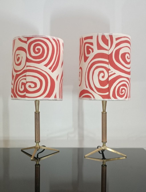 Paire de lampes en bois et laiton 1960s