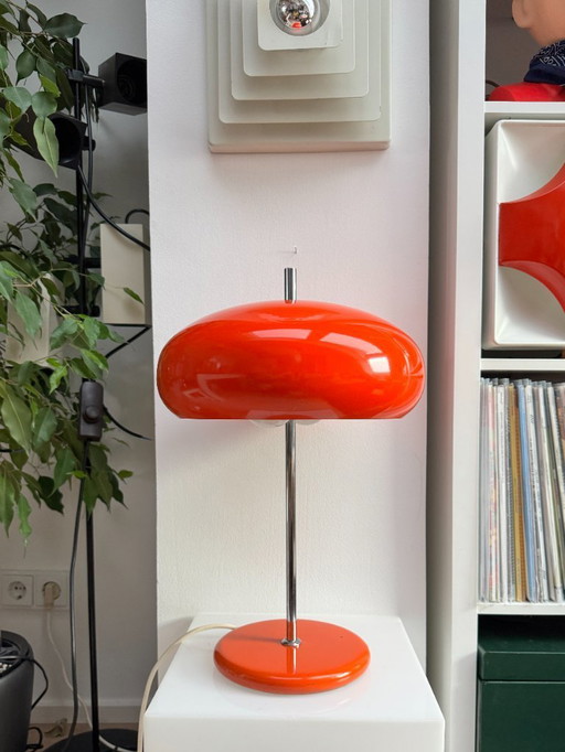 DGBM by Graewe Mushroom Table Lamp – Mid Century Modern Red Orange Metal Desk Light, German 1970s