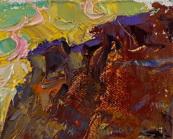 Image 1 of Original Oil Painting Evening City Landscape Old fortress that remembers centuries
