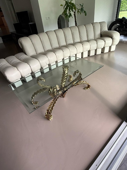 Table basse unique en bronze brutaliste avec plaque de verre à facettes (1970)