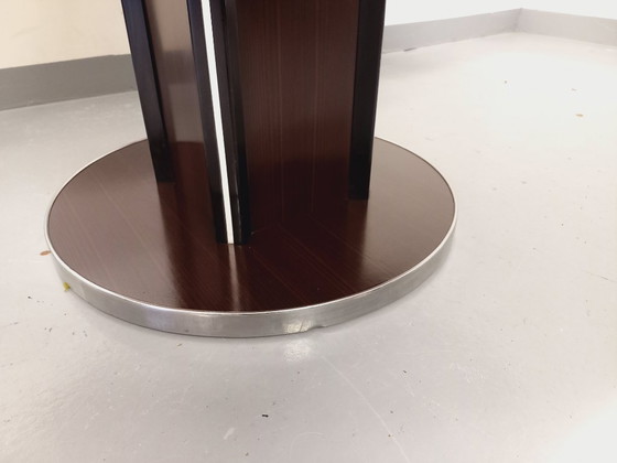 Image 1 of Table ronde de repas vintage en bois d’ébène et métal chromé style Space Age / Diner des années 70 avec rallonge intégrée