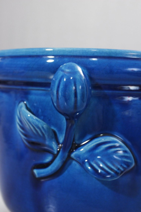 Image 1 of Cachepot vintage in ceramica con smalto blu craquelé, stile Chambost, anni '70