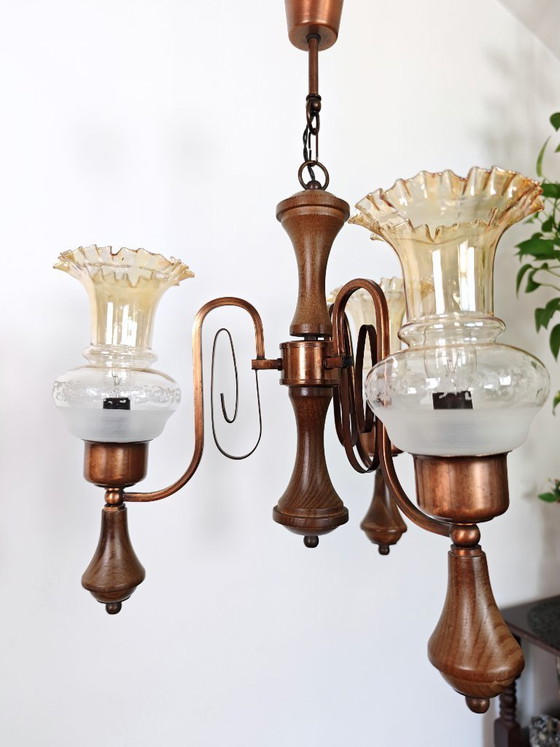 Image 1 of Vintage Amber Glass Chandelier / 1970s Yugoslavia Pendant Light / Mid Century Modern Ceiling Lamp / Wood & Copper Lighting 