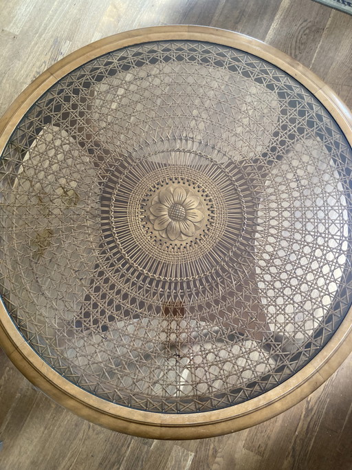Beautiful Chippendale table with Viennese caning and glass top, round