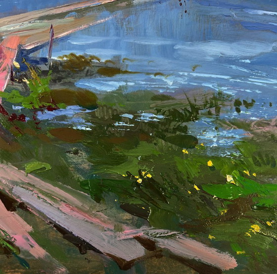 Image 1 of Original Oil Painting Summer Coastal Landscape People looking at the flow of river