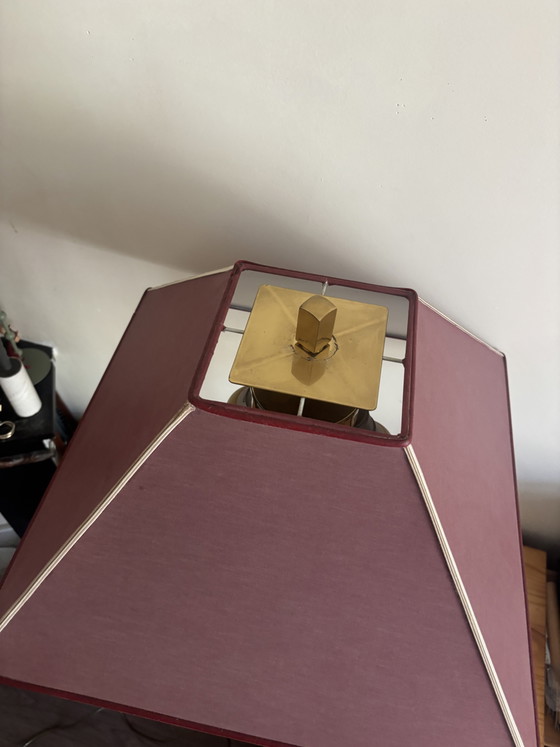 1x Large Brass 'Skyscraper' Table Lamp by Lustrerie Deknudt, 1970s – Lusterie Leknudt, Metal, Textile (photo 2 of 6)