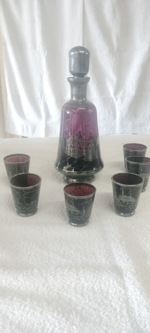 Murano liqueur set  - Amathist & zilveren Overlay 