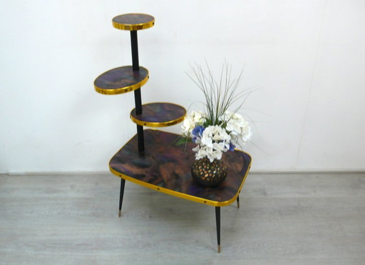 50er 60er Blumenständer Blumentisch Etagere 4 Ebenen, Dunkel Violett Marmoriert, Mid Century Modern