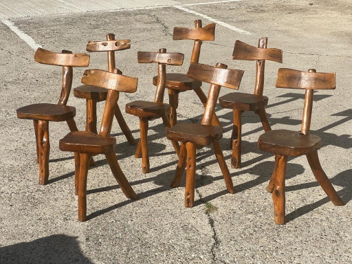 Ensemble de 8 chaises en olivier massif style brutaliste France 1970