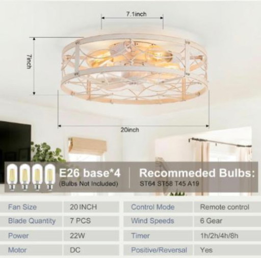 Deckenventilator mit Käfigdesign, Beleuchtung, 20-Zoll-Deckenventilator mit flacher Montage und Fernbedienung