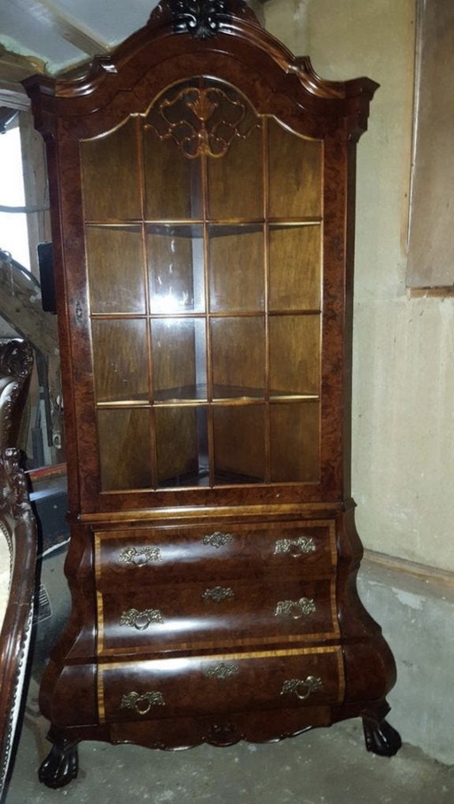 Burr walnut baroque corner display cabinet