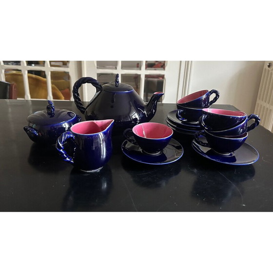 Image 1 of Vintage blue glazed ceramic tea service for Ceramony Vallauris, 1950