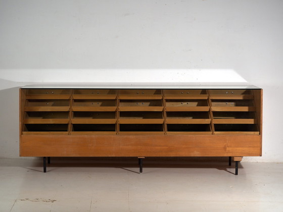 Vintage Twenty-Drawer Counter Chest, Central Europe, circa 1950, Storage cabinet, Glass, Brass, Black (photo 17 of 21)