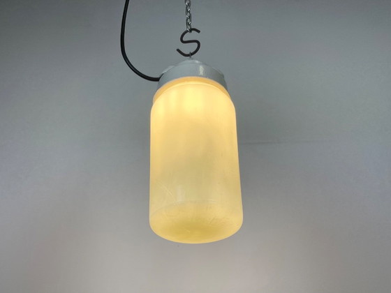 Image 1 of Industrial White Porcelain Pendant Light with Milk Glass, 1970s