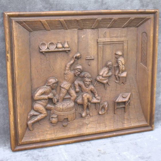 Image 1 of Faux Wood Carved Wall Panel 18 x 15 inch drunk men in an old pub 45,5 x 38 cm Vintage Home Decor wall art architectural salvage