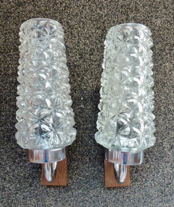 Image 1 of Set di 2 lampade da parete vintage – vetro ghiaccio e cromo – stile Mid-Century anni '70.