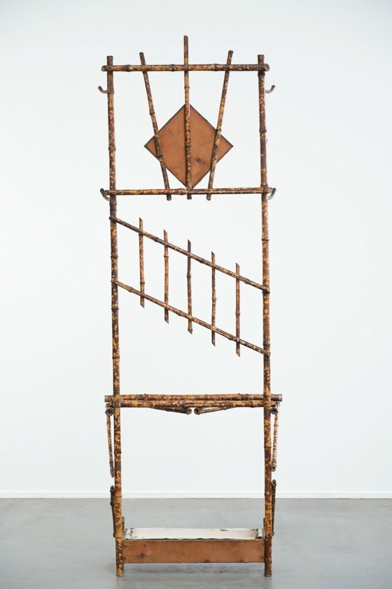 Image 1 of Antique French faux bamboo standing coat rack/hallway furniture with a mirror and umbrella rack