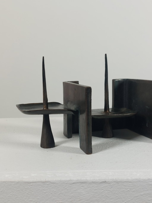 Brutalist vintage candlestick, bronze patina, Wolfgang Bergmeister Ebersberg