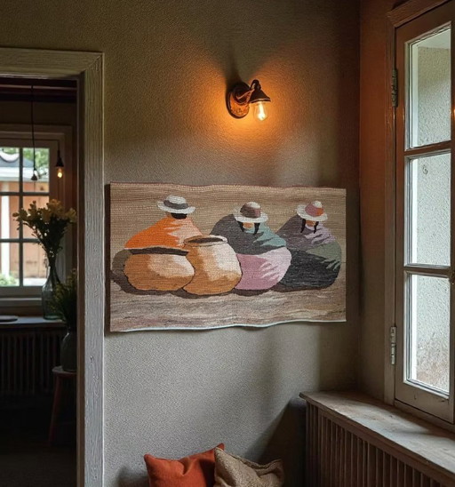 Hand-woven wall hanging in earth tones