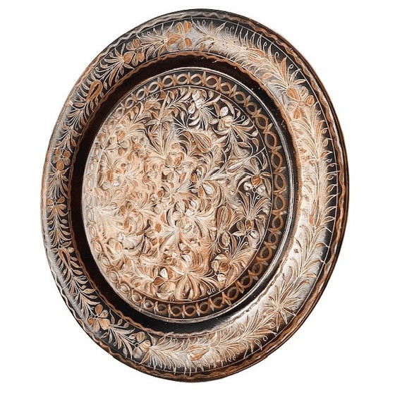 Image 1 of Piatto decorativo turco vintage inciso in rame con fiore di Istanbul, orientale, anni '70