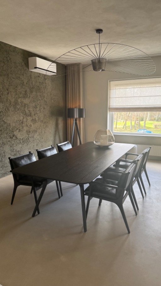 Stellar Works Ren dining table + 6 chairs – black oak / leather