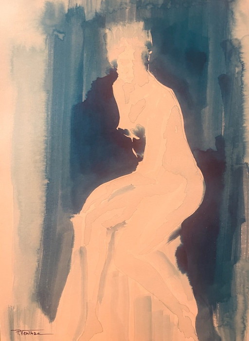 Monochroom blauw aquarel gesigneerd "blauwe dame" de pose