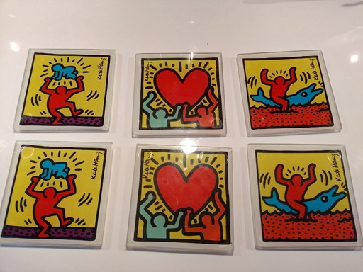Set of 6 glass Keith Haring coasters (10 x 10 cm)