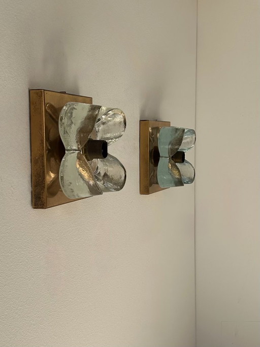Pair of vintage wall sconces, floral pattern, brass and glass, Germany, 1970