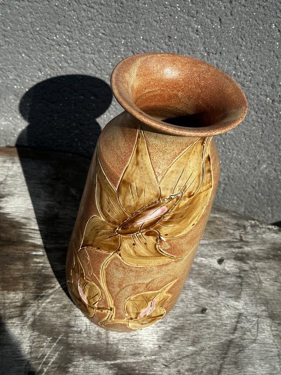 Image 1 of Vaso Vintage céramique années 60 décor floral - signé Vallauris H 20 cm