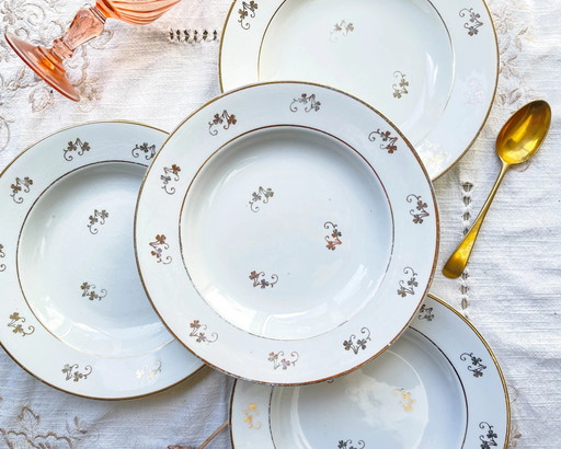4 Platos Hondos de Porcelana Blanca Floral Dorada L'Amandinoise