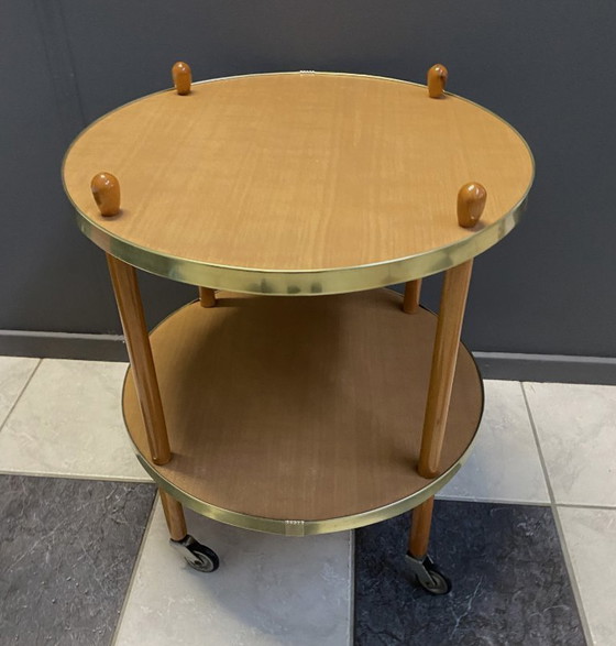 Image 1 of Wood Round Serving Trolley Side Table 1960s