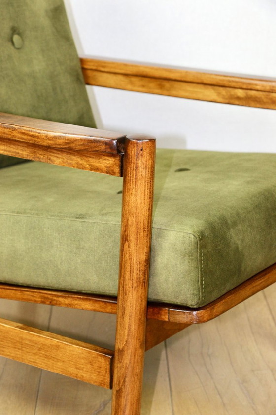 Image 1 of Wooden armchair designed by Z. Baczyk in a vintage style, upholstered in olive green velvet.