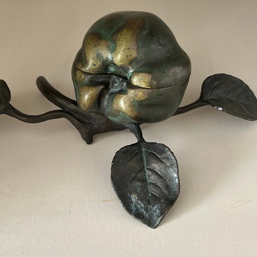 Vintage bronze box apple with branch and leaf, ca 1950
