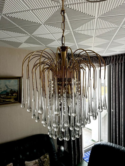 Lampadario a cascata con gocce di cristallo di Murano italiano, ottone dorato, Venini, vintage anni '70 (photo 2 of 6)