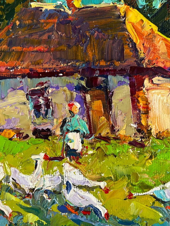 Image 1 of Original Oil Painting Rural Landscape Village Geese in the Yard