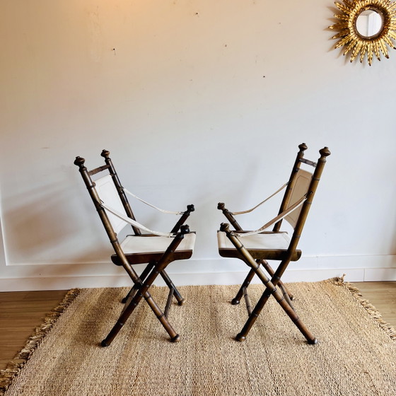 2 vintage campagne stoelen faux bamboo | jaren 70/80 Vintage – Eetkamerstoelen, Canvas, Wood (photo 5 of 12)