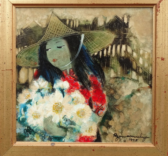 Image 1 of Mujer joven con un ramo de flores, Bangkok 1975, Tailandia, Mujer joven con flores