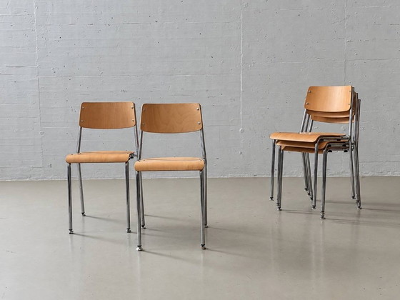 5 Stackable Chrome Steel Chairs, 1990s – Side chairs, Wood (photo 4 of 12)