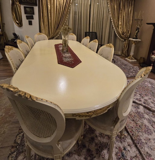 Grote eetkamerset in Louis XVI-stijl: grote ovale tafel en 10 medaillonstoelen (massief notenhout)