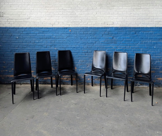 Image 1 of 6x vintage Italiaanse eetstoelen- zwart leer- Ciacci Kreaty 