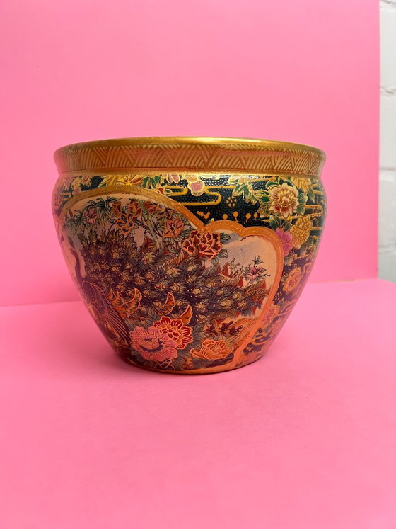Image 1 of Vintage Satsuma Cachepot Flower Pot Planter with Peacock Motif – Hand-Painted Asian Ceramics