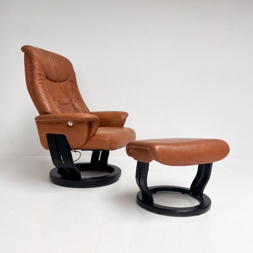 Poltrona reclinabile con pouf Hjort Knudsen, anni '90 – verstelbare relaxstoel, Leather, Wood, Vintage
