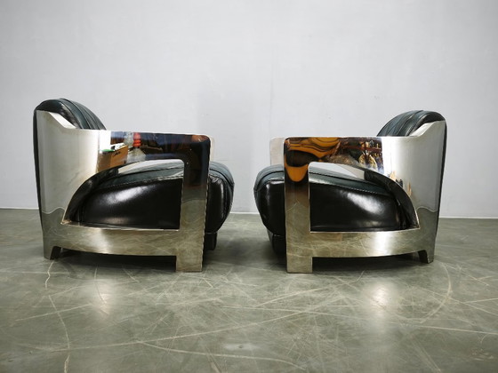 Pair of Timothy Oulton Aviator Leather and Steel Armchairs 1990s (photo 5 of 12)