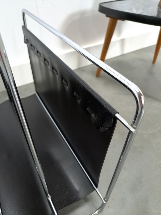 Image 1 of Design Voss jaren 70 leren tijdschriftenrek met chroom