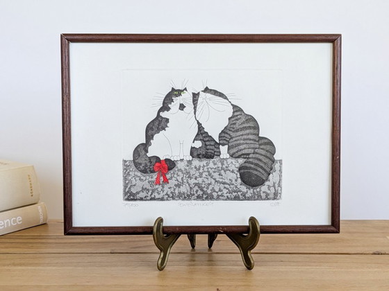 Eva Ziolkowski Signed Cats Etching Numbered 79/100 "Zweisamkeit" Framed Original Wall Art (photo 3 of 18)
