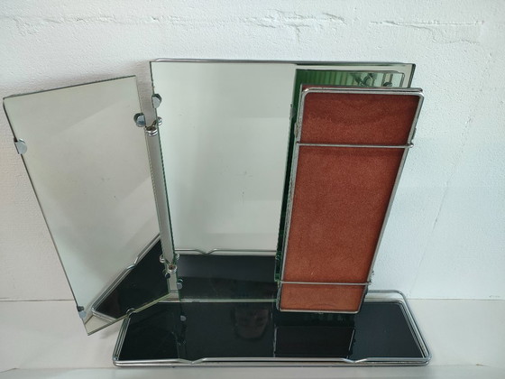 Image 1 of Miroir de table/salle de bain triptyque vintage de style Art Déco avec étagère
