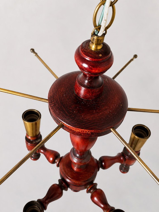 Vintage Czechoslovak Chandelier, 1970s Mid Century Wood & Smoked Floral Glass Ceiling Light, 5 Light Retro (photo 3 of 7)