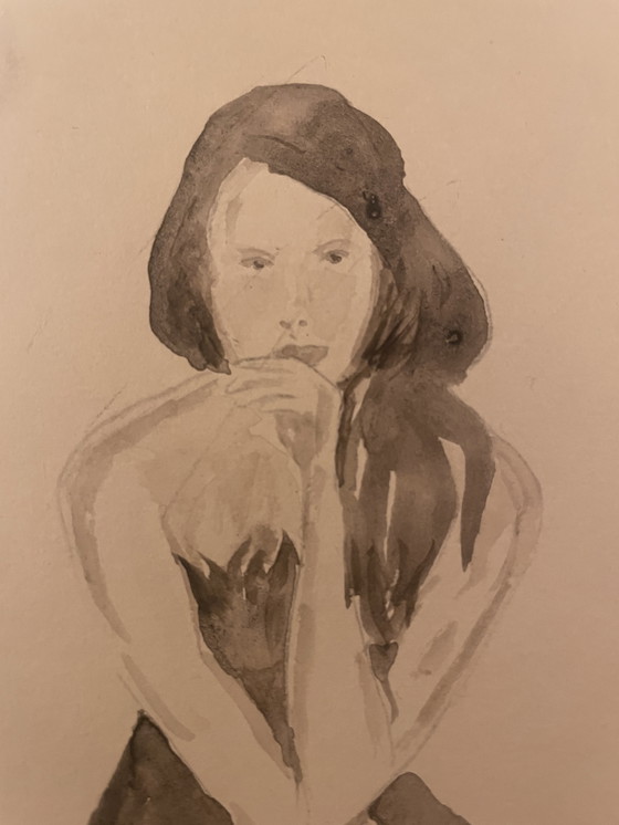 Image 1 of Watercolor Sepia Portrait of a Woman "La Robe Noire" (The Black Dress)